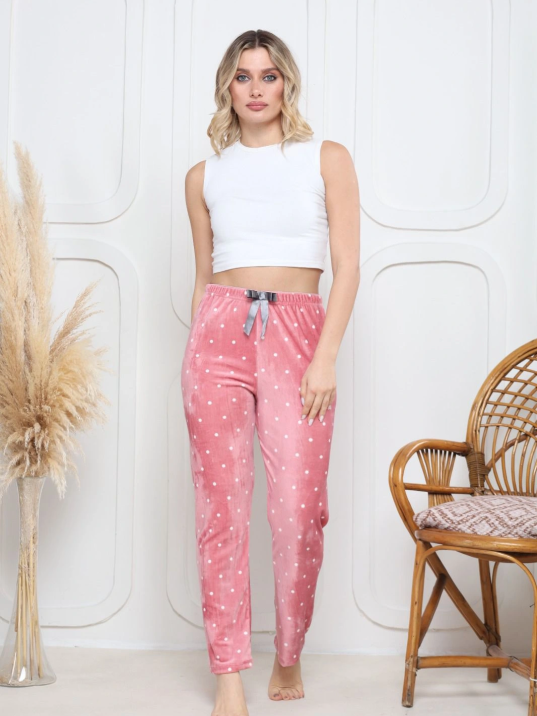 Kadife pijama altı pembe üstüne beyaz kalpli Pontiye desenli q7013
