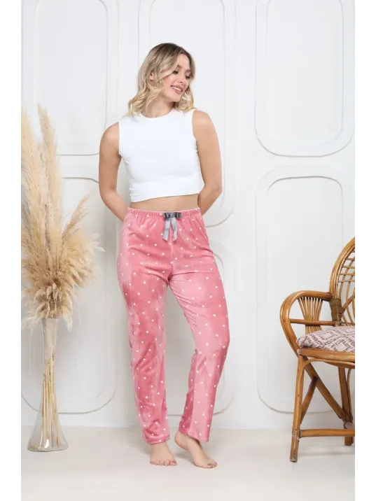 Kadife Pijama Altı Pembe Üstüne Beyaz Kalpli Pontiye Desenli Q7013