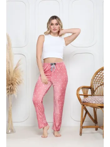 Kadife Pijama Altı Pembe Üstüne Beyaz Kalpli Pontiye Desenli Q7013
