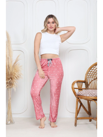 Kadife pijama altı pembe üstüne beyaz kalpli Pontiye desenli q7013