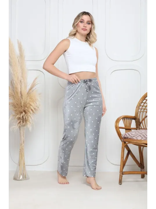 Kadife Pijama Altı Gri Üstüne Yuvarlak Beyazpontiye Desenli Q7013