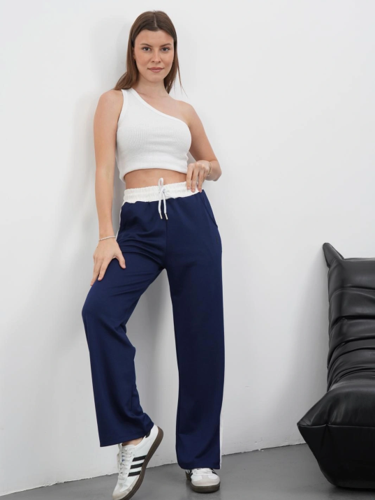 Şeritli garnili pantolon lacivert