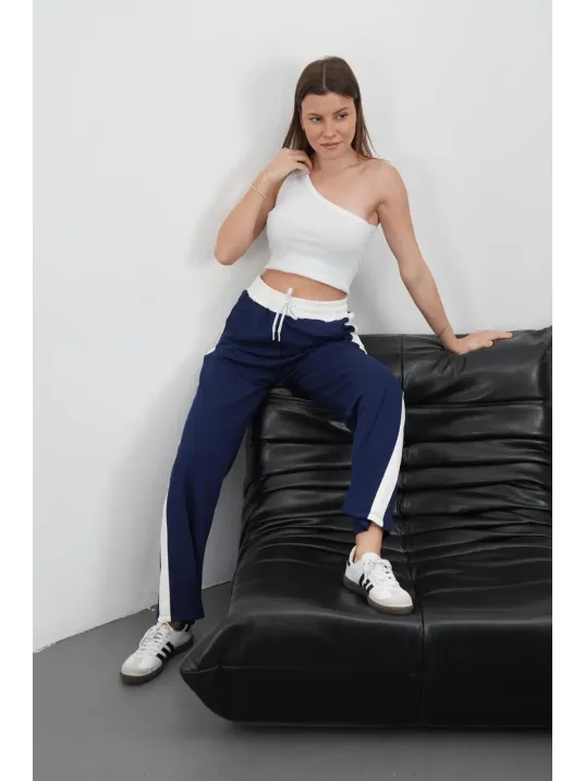 Şeritli Garnili Pantolon Lacivert