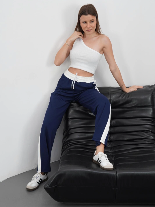 Şeritli garnili pantolon lacivert