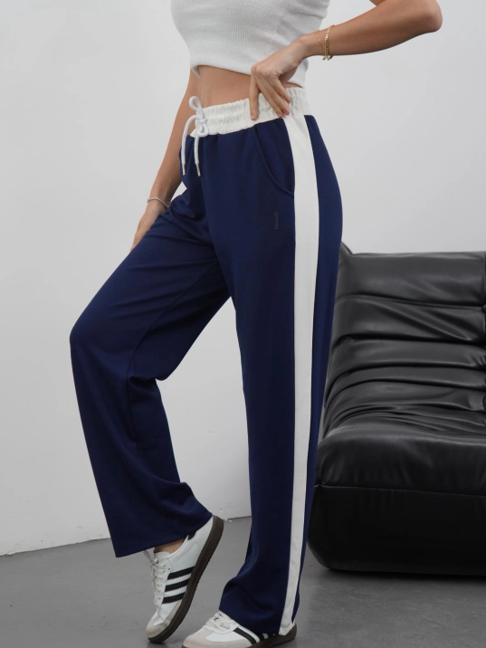 Şeritli garnili pantolon lacivert