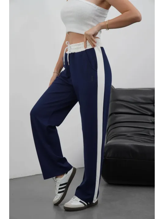 Şeritli Garnili Pantolon Lacivert