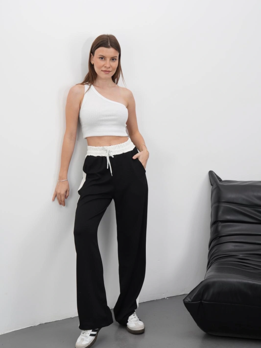 Şeritli garnili pantolon siyah