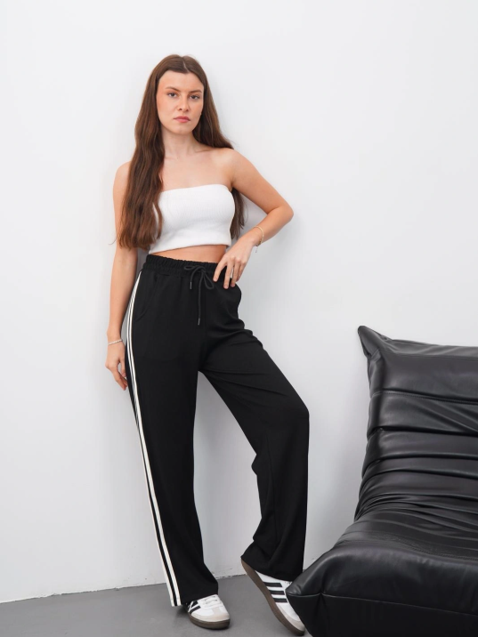 Yandan çift şeritli pantolon siyah