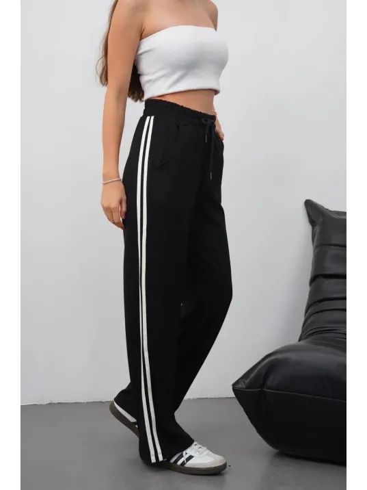 Yandan Çift Şeritli Pantolon Siyah