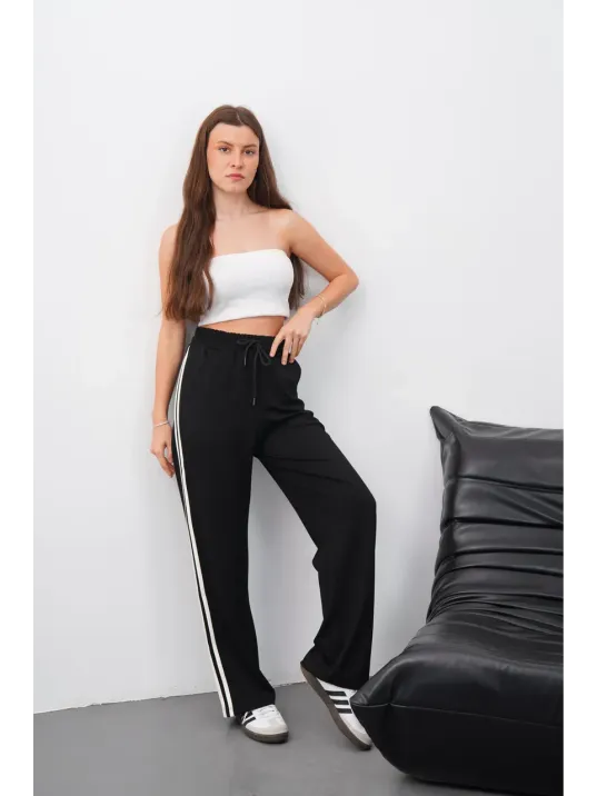 Yandan Çift Şeritli Pantolon Siyah