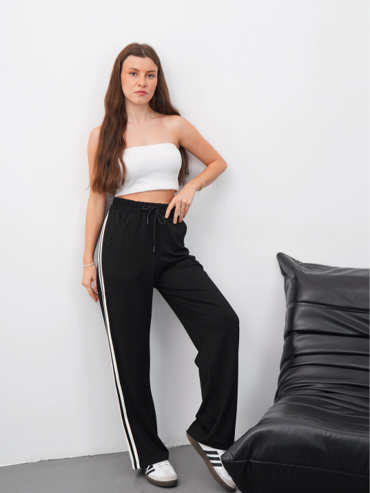 Yandan çift şeritli pantolon siyah