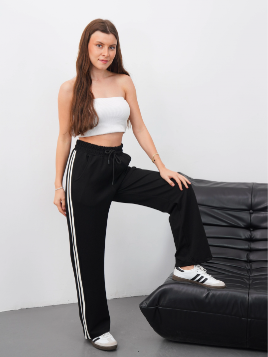 Yandan çift şeritli pantolon siyah