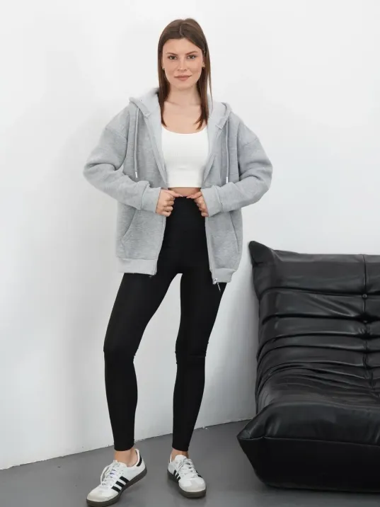 3 İplik Şardonlu Fermuarlı Kapşonlu Hırka Gri