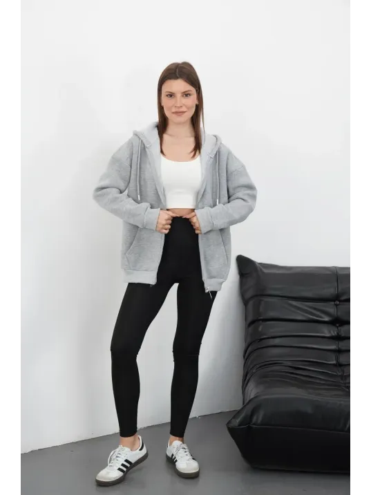 3 İplik Şardonlu Fermuarlı Kapşonlu Hırka Gri