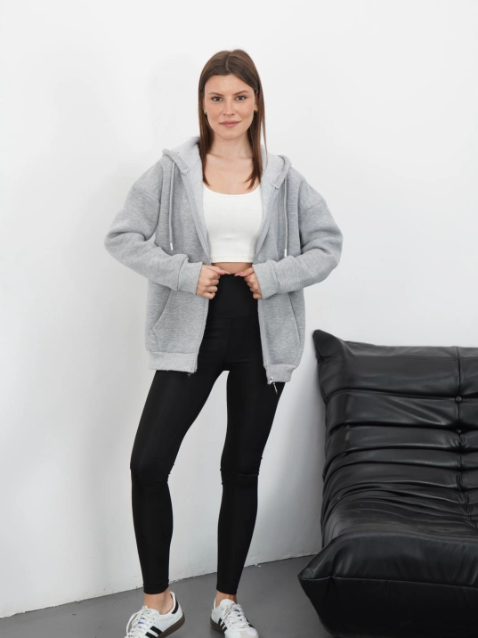 3 iplik şardonlu fermuarlı kapşonlu hırka gri