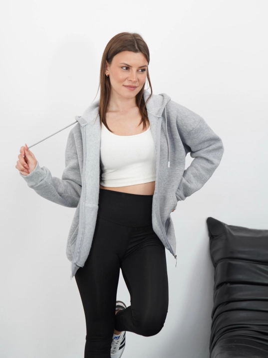 3 iplik şardonlu fermuarlı kapşonlu hırka gri