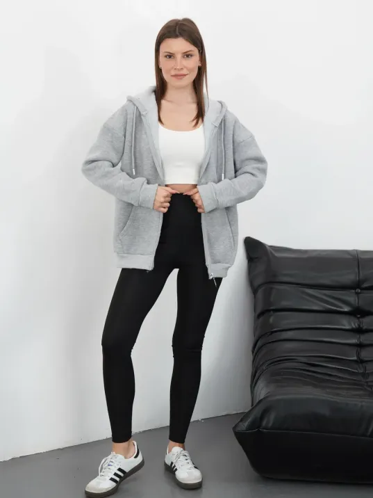 3 İplik Şardonlu Fermuarlı Kapşonlu Hırka Gri