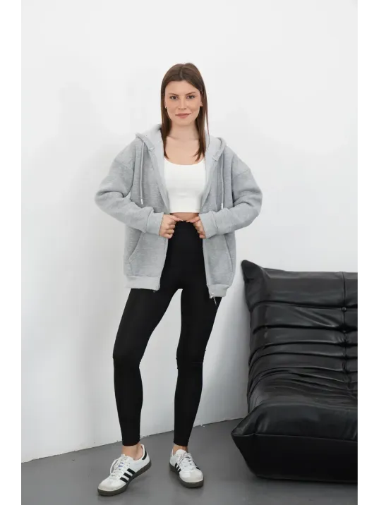 3 İplik Şardonlu Fermuarlı Kapşonlu Hırka Gri