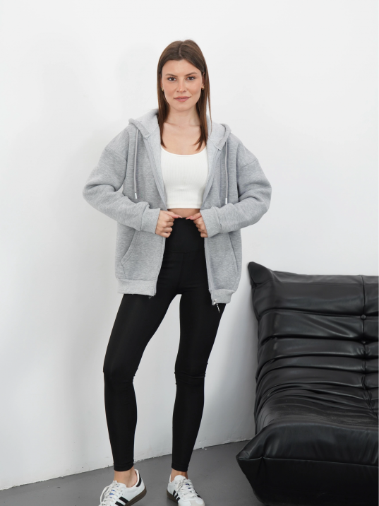 3 iplik şardonlu fermuarlı kapşonlu hırka gri