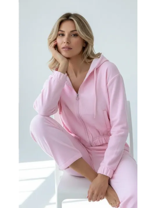 3 İplik Şardonlu Kapşonlu Fermuarlı Kısa Üst Pembe Pat8590