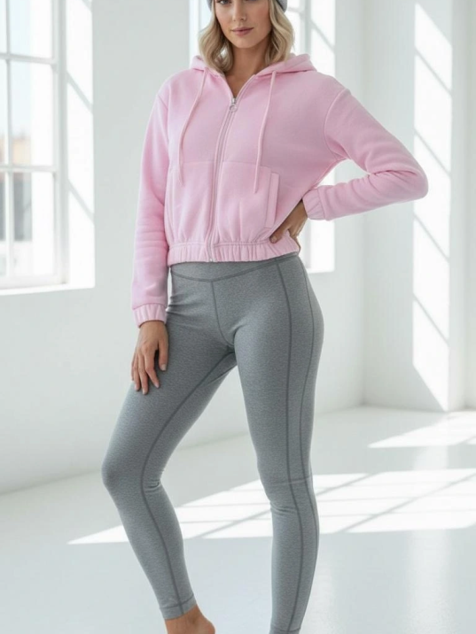 3 İplik Şardonlu Kapşonlu Fermuarlı Kısa Üst Pembe Pat8590 3 İplik Şardonlu Kapşonlu Fermuarlı Kısa Üst Pembe Pat8590