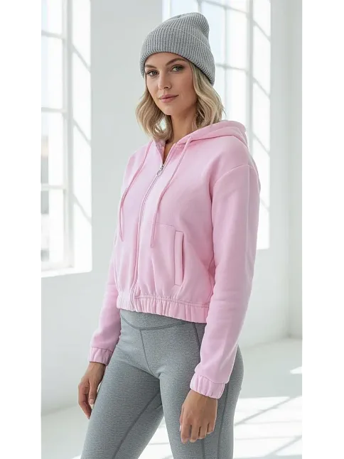 3 İplik Şardonlu Kapşonlu Fermuarlı Kısa Üst Pembe Pat8590