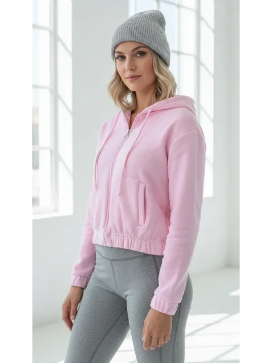 3 İplik Şardonlu Kapşonlu Fermuarlı Kısa Üst Pembe Pat8590