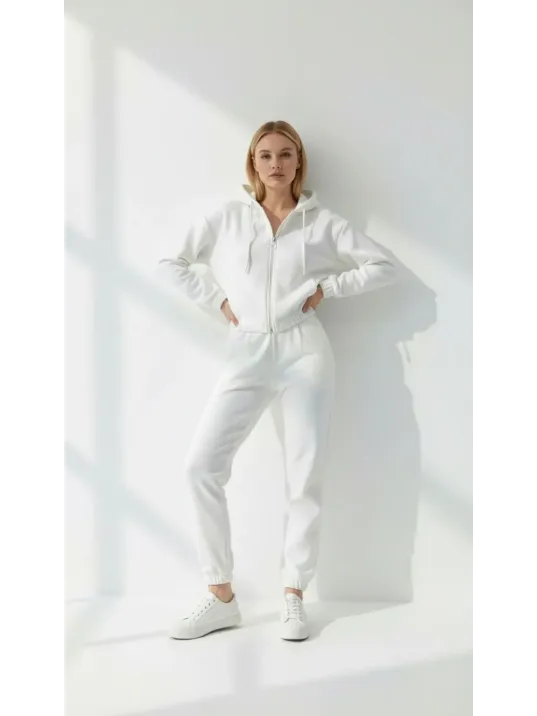 3 İplik Şardonlu Kapşonlu Fermuarlı Kısa Üst Beyaz Pat8590