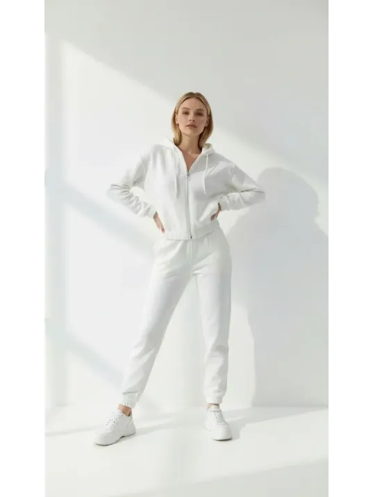 3 İplik Şardonlu Kapşonlu Fermuarlı Kısa Üst Beyaz Pat8590