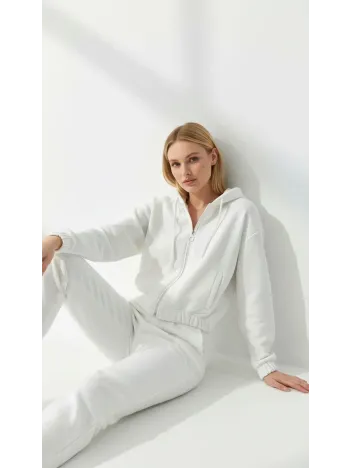 3 İplik Şardonlu Kapşonlu Fermuarlı Kısa Üst Beyaz Pat8590