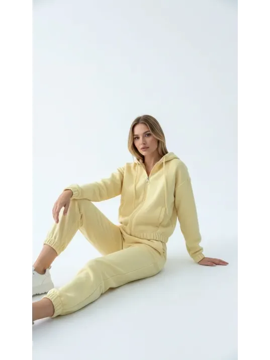 3 İplik Şardonlu Kapşonlu Fermuarlı Kısa Üst Sarı Pat8590