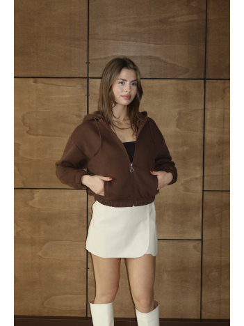 3 İplik Şardonlu Kapşonlu Fermuarlı Kısa Üst Kahve Pat8590