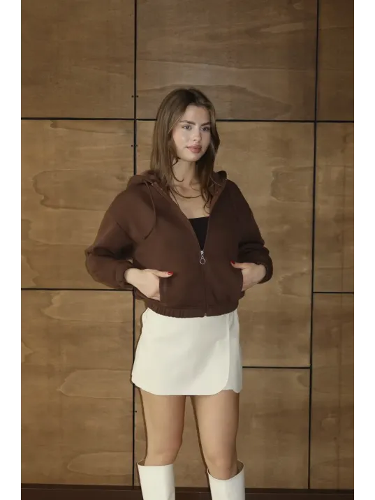 3 İplik Şardonlu Kapşonlu Fermuarlı Kısa Üst Kahve Pat8590