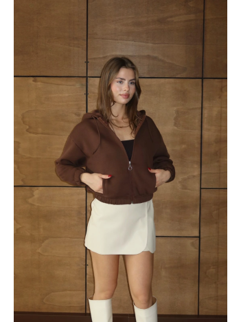 3 İplik Şardonlu Kapşonlu Fermuarlı Kısa Üst Kahve Pat8590