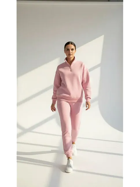 3 İplik Şardonlu Yarım Fermuarlı Sweatshirt Somon