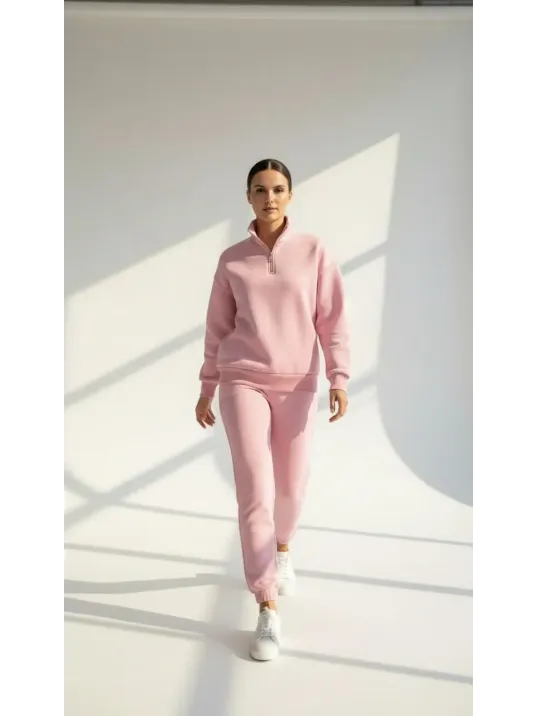 3 İplik Şardonlu Yarım Fermuarlı Sweatshirt Somon