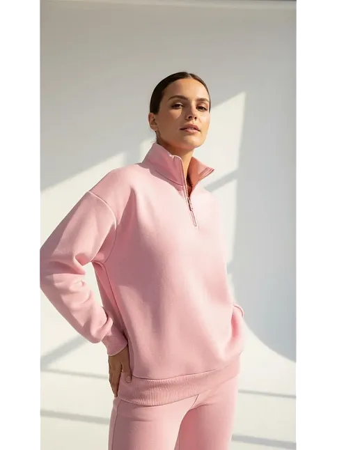 3 İplik Şardonlu Yarım Fermuarlı Sweatshirt Somon