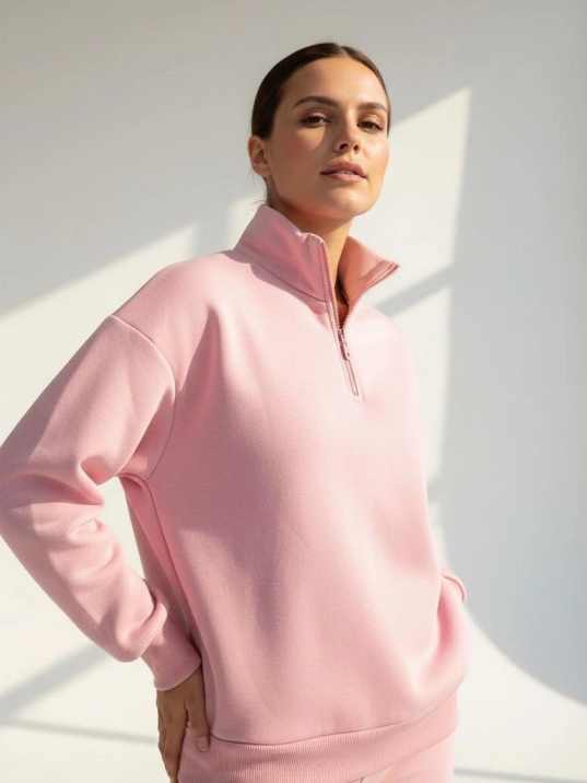 3 İplik Şardonlu Yarım Fermuarlı Sweatshirt Somon 3 İplik Şardonlu Yarım Fermuarlı Sweatshirt Somon