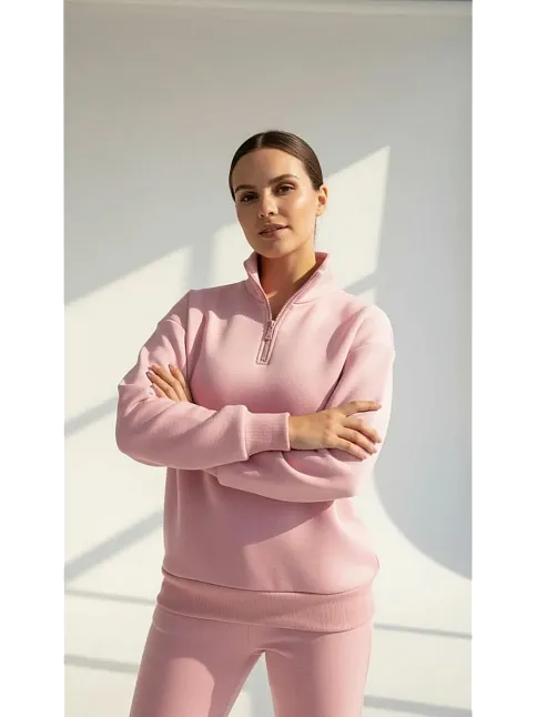 3 İplik Şardonlu Yarım Fermuarlı Sweatshirt Somon