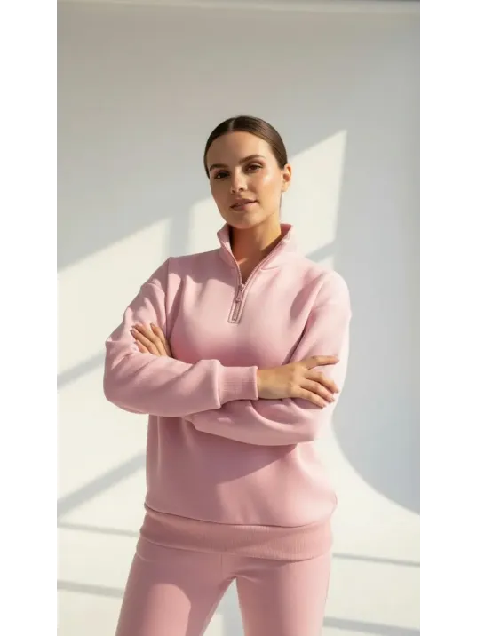 3 İplik Şardonlu Yarım Fermuarlı Sweatshirt Somon