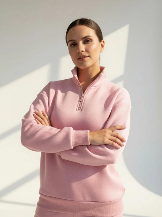 3 İplik Şardonlu Yarım Fermuarlı Sweatshirt Somon 3 İplik Şardonlu Yarım Fermuarlı Sweatshirt Somon