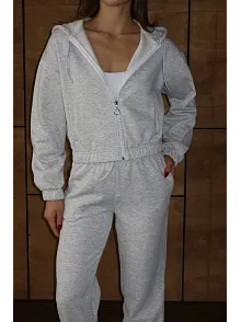 3 İplik Şardonlu Kapşonlu Fermuarlı Kısa Üst Gri Pat8590