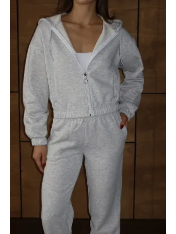 3 İplik Şardonlu Kapşonlu Fermuarlı Kısa Üst Gri Pat8590