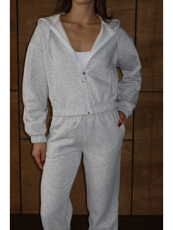 3 İplik Şardonlu Kapşonlu Fermuarlı Kısa Üst Gri Pat8590