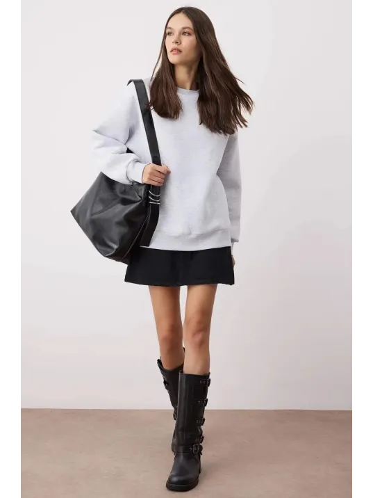 3 İplik Şardonlu Bisiklet Yaka Sweatshirt Gri