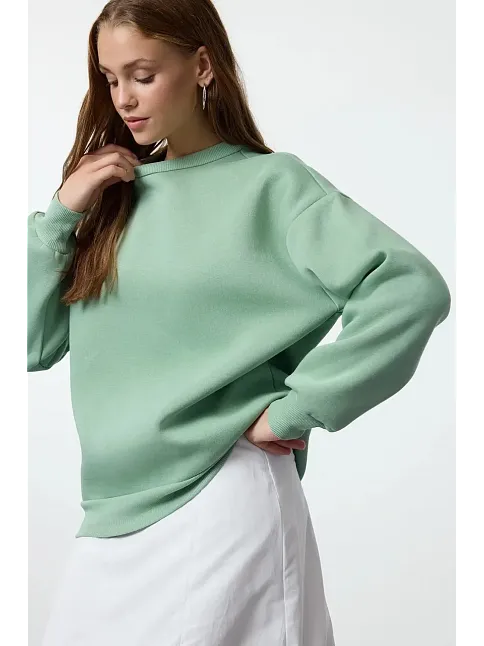 3 İplik Şardonlu Bisiklet Yaka Sweatshirt Mint