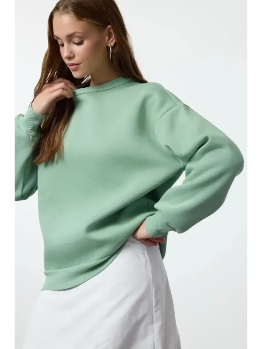 3 İplik Şardonlu Bisiklet Yaka Sweatshirt Mint