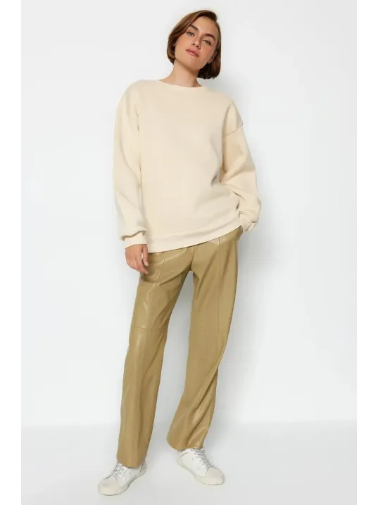 3 İplik Şardonlu Bisiklet Yaka Sweatshirt Bej