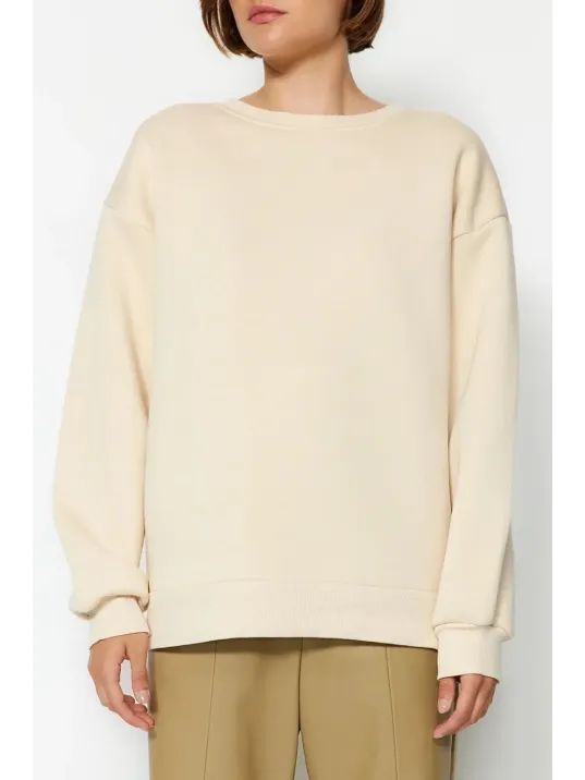 3 İplik Şardonlu Bisiklet Yaka Sweatshirt Bej