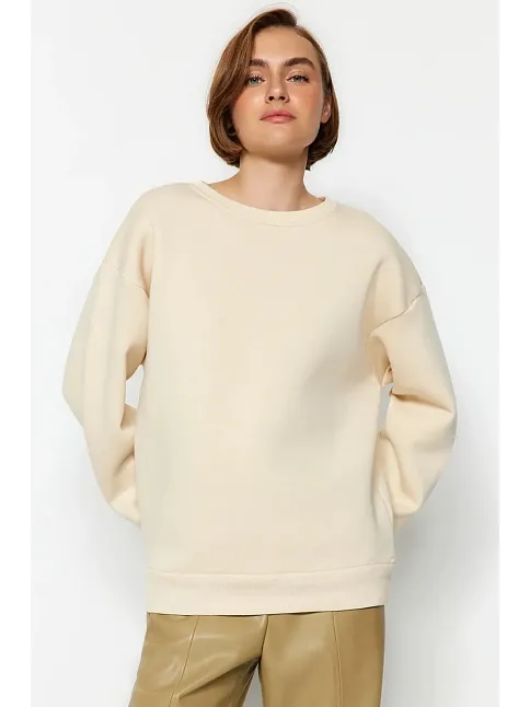 3 İplik Şardonlu Bisiklet Yaka Sweatshirt Bej